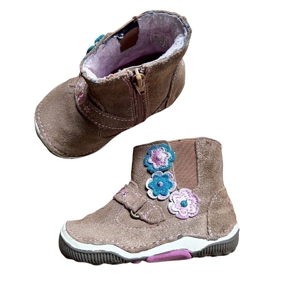StrideRite: Girls Brown Suede Side Zip Closure Flower Embellished Sz 4
